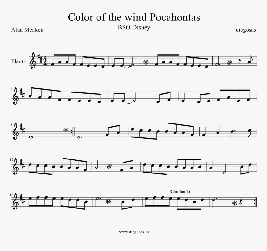 Colores En El Viento Partitura De Pocahontas Para Flauta - Vie En Rose Partitura Violin, HD Png Download, Free Download