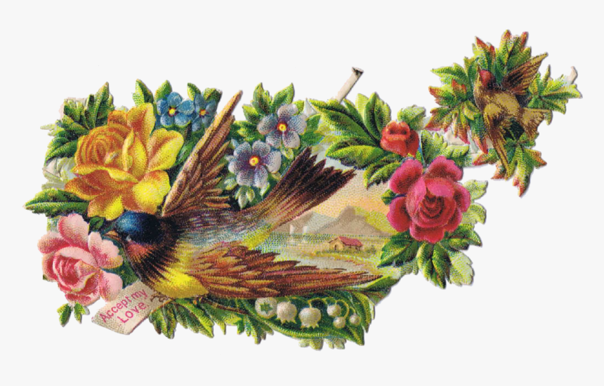 Vintage Bird Clipart - Vintage Flowers Transparent Background Birds, HD Png Download, Free Download