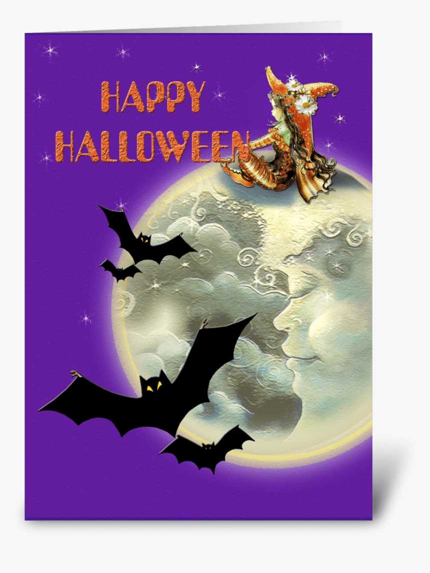 Witch & Bats & Moon Greeting Card - Halloween Clip Art, HD Png Download, Free Download