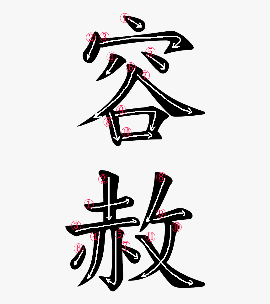 Kanji Stroke Order For 容赦, HD Png Download, Free Download