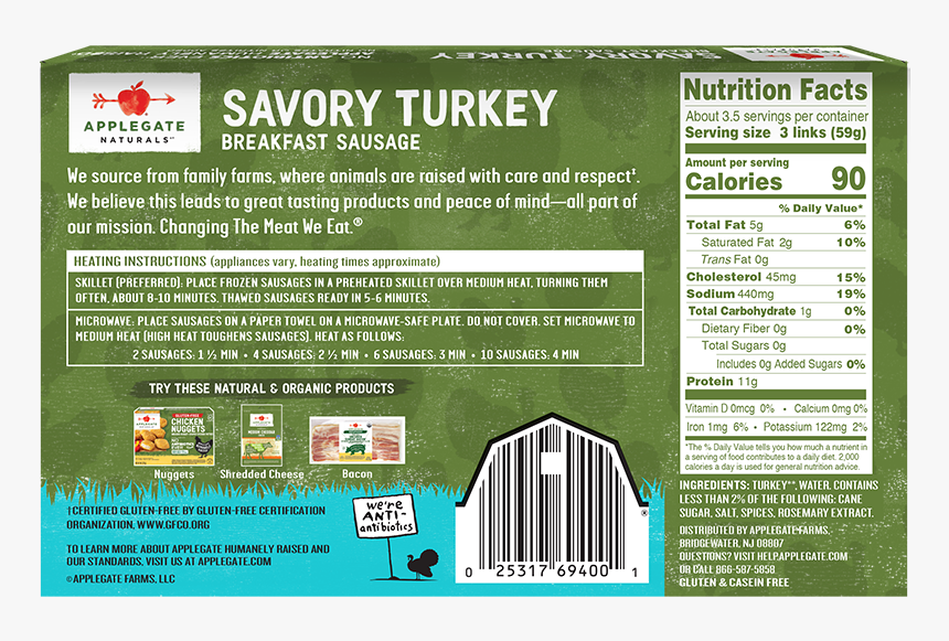 Nat - Savory Back - Applegate Turkey Sausage Links Label, HD Png Download, Free Download