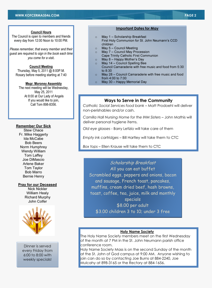 Knights Of Columbus Newsletter May 11 - Calendario Liturgico Para Niños, HD Png Download, Free Download