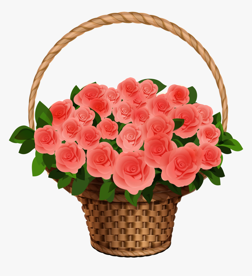 Basket With Red Roses Png Clipart Image - Basket Of Flowers Clipart, Transparent Png, Free Download