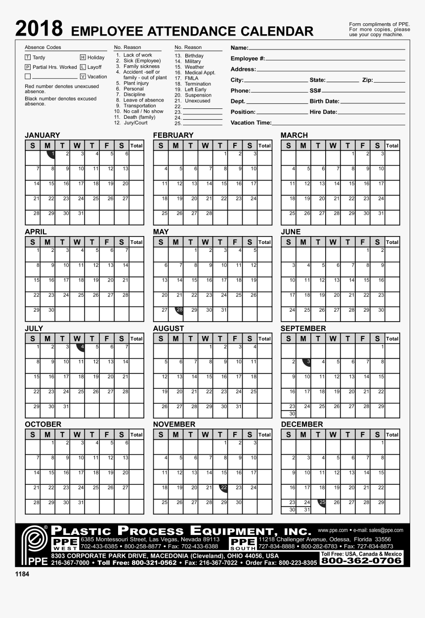 Employee Attendance Calendar Excel - 2020 Employee Attendance Calendar, HD Png Download, Free Download