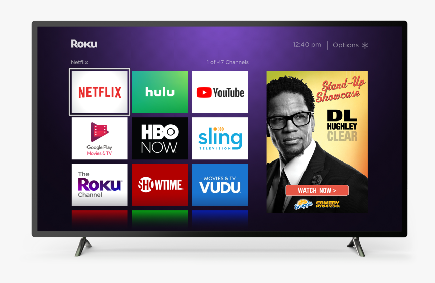 A Tv Displaying The Roku Home Screen Featuring An Advertisement - Smarters Player Para Roku, HD Png Download, Free Download