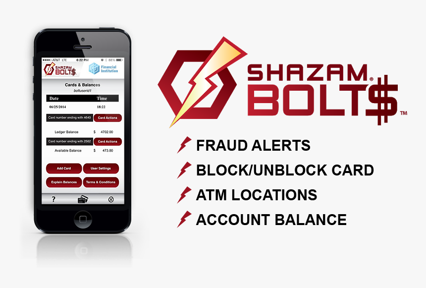 Shazam Bolts Services, Fraud Alerts, Block And Unblock - Iphone, HD Png Download, Free Download