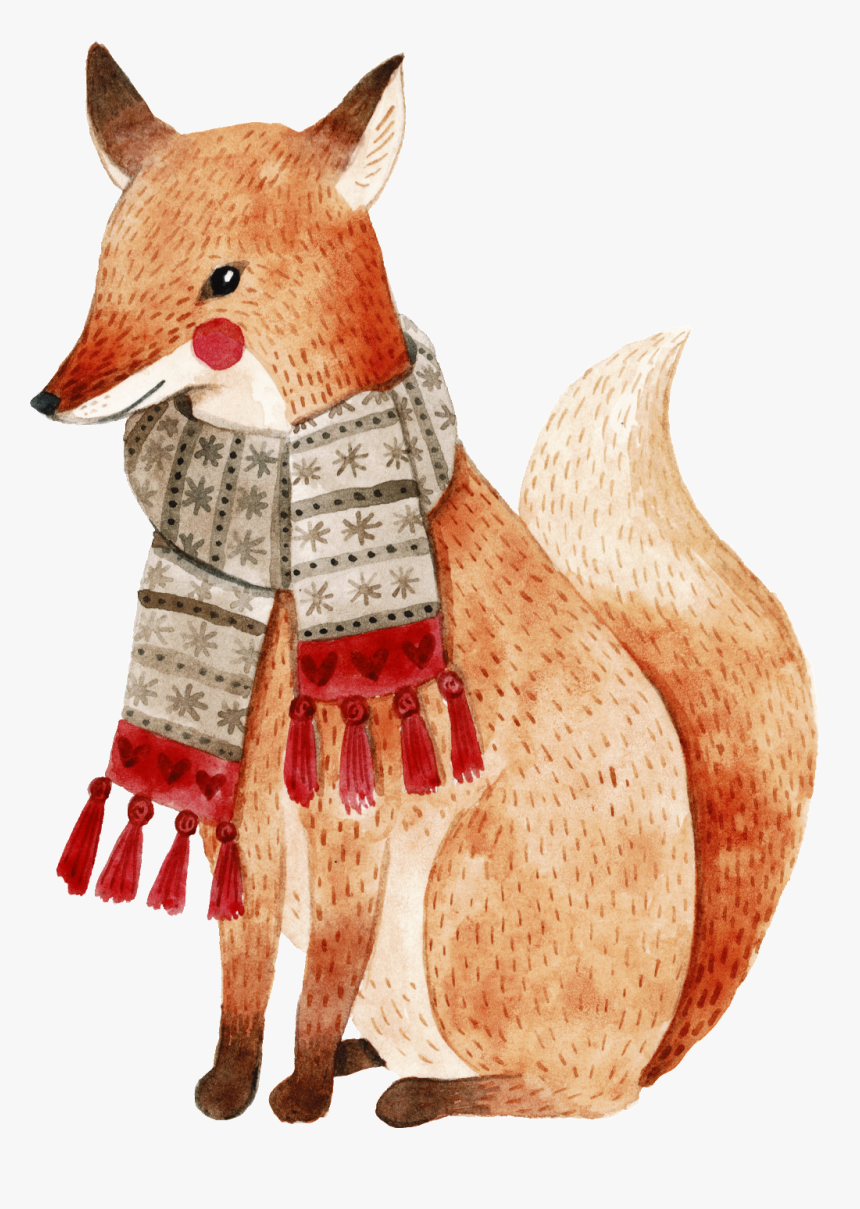 Hand Painted Fox Animal With Scarf Transparent - Clipart Christmas Birds Watercolor, HD Png Download, Free Download