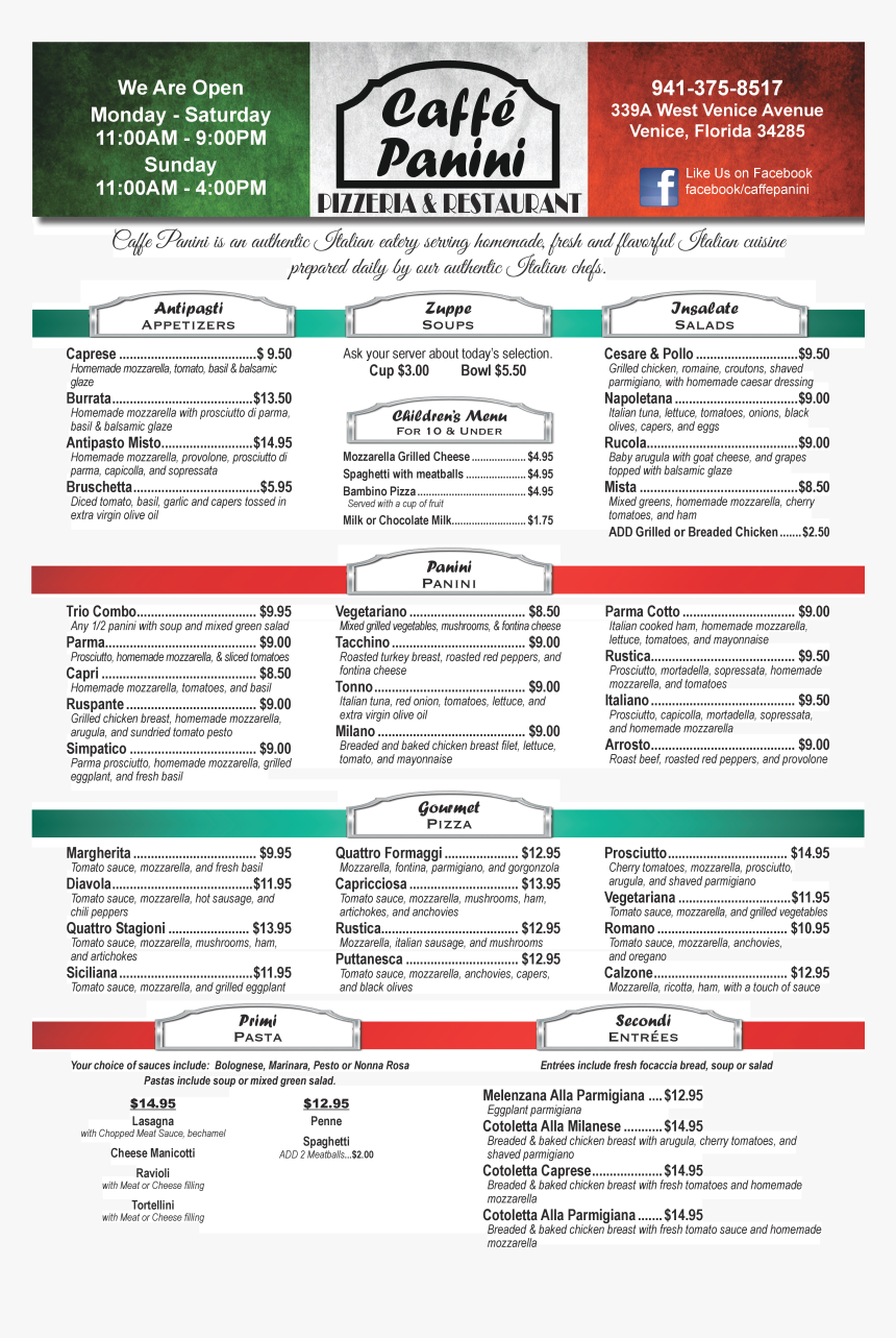 Caffe Panini, Venice Menu - Poster, HD Png Download, Free Download