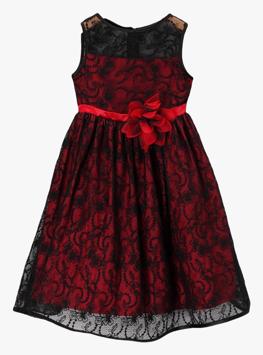 Red Satin With Black Floral Lace Overlay Occasion Dress - Vestidos Vermelhos Infanto Juvenil, HD Png Download, Free Download