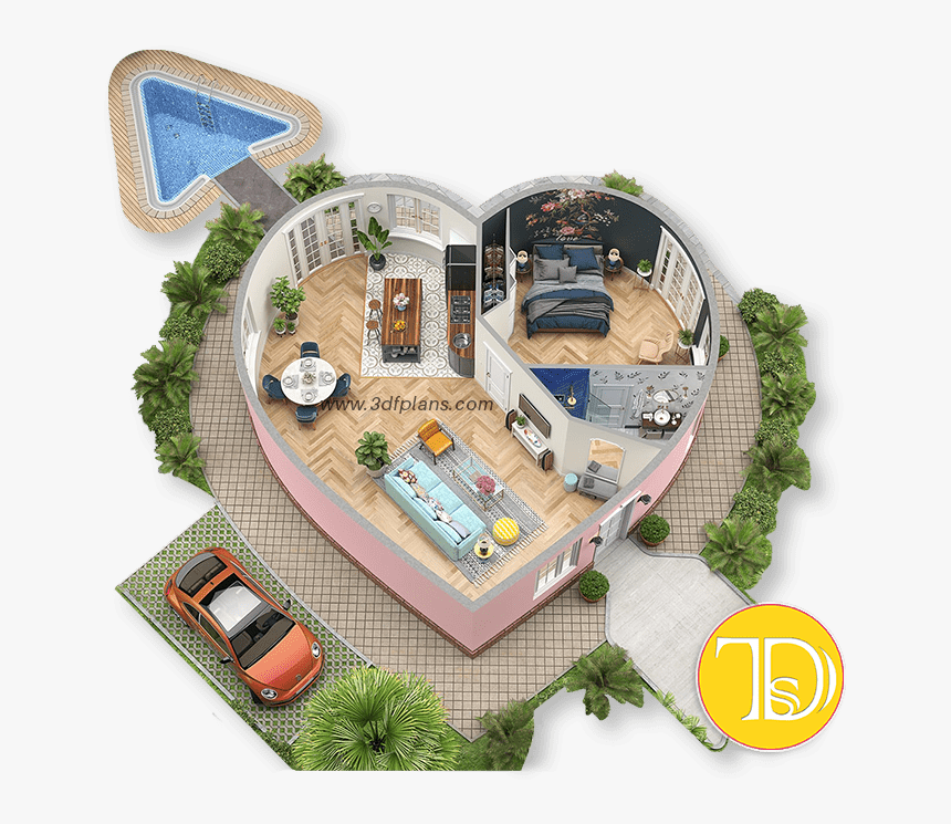 Love Shaped Home 3d Floor Plan Creative Rendering, HD Png Download, Free Download