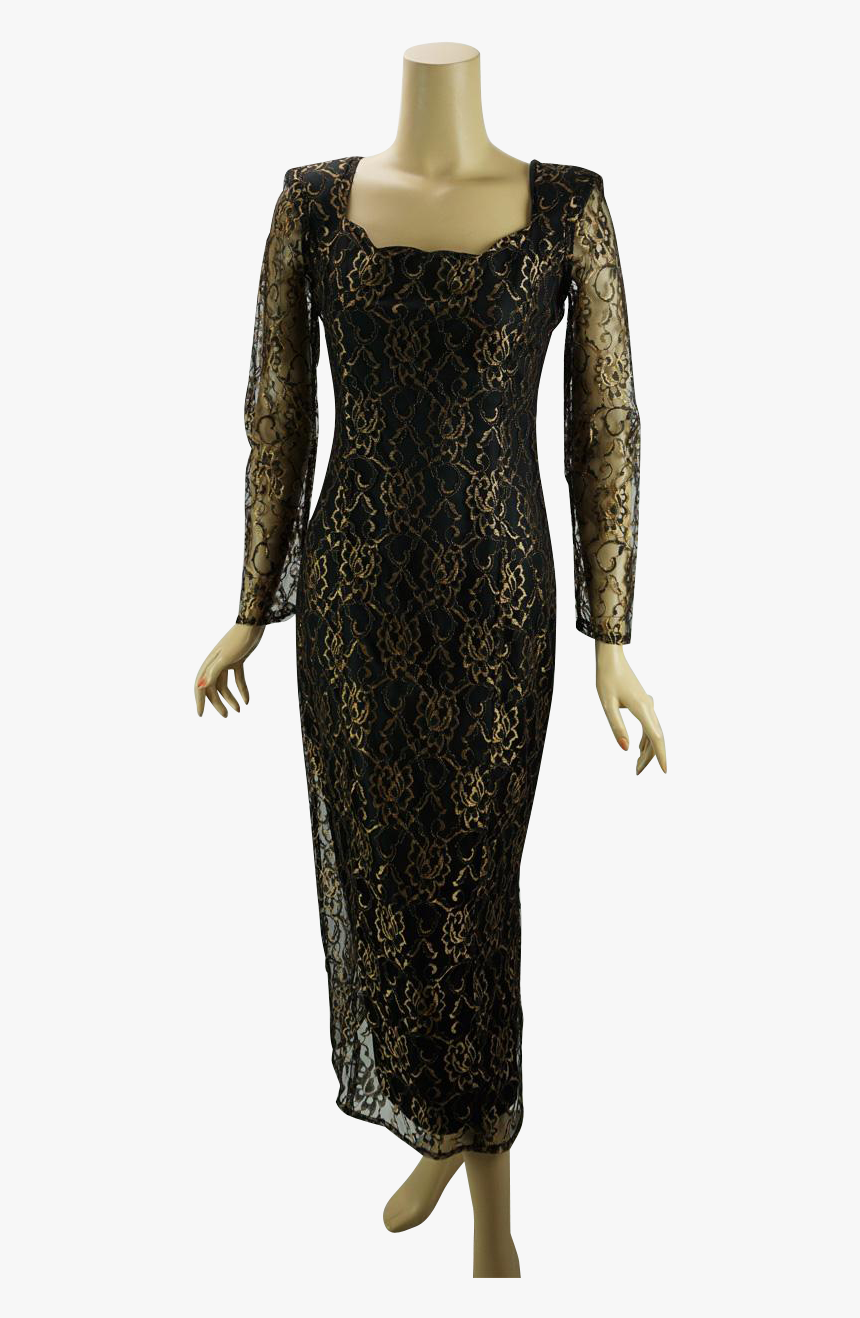 Vintage 1990s Formal Dress Black And Gold Lace Form - Costume, HD Png ...