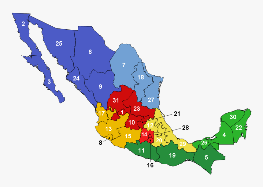 800px-mexico Map Of Regionsfr - Transparent Mexico Flag Png, Png Download, Free Download