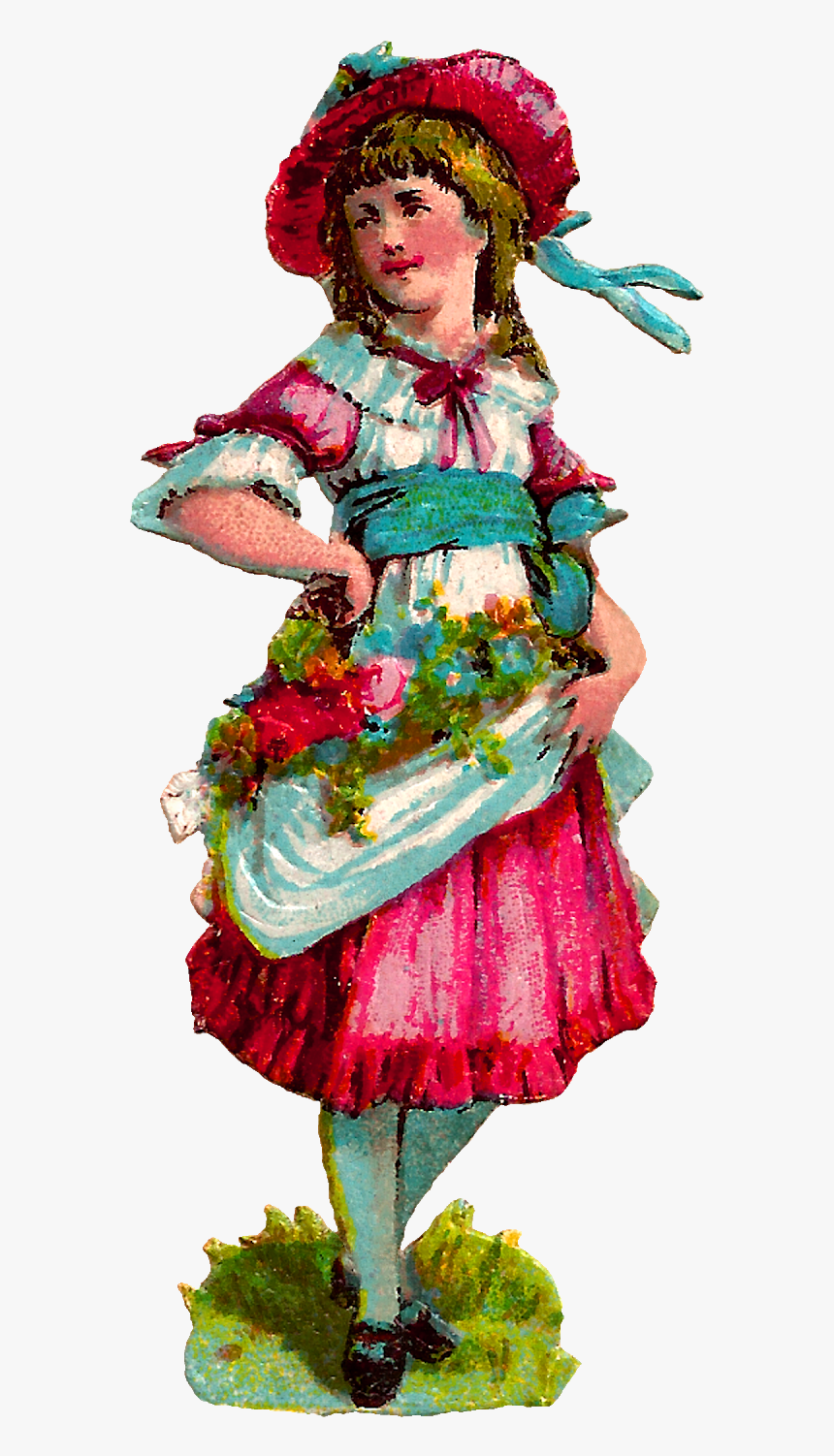 Fashion Girl Victorian Dress Bonnet Flowers Digital - Illustration, HD Png Download, Free Download