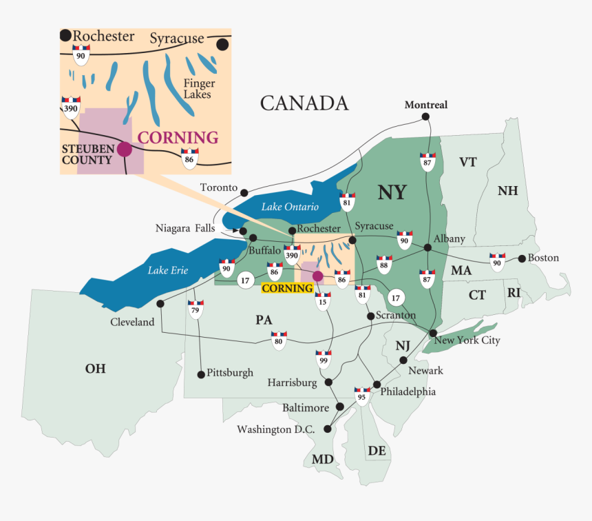 Distance Map - Corning Ny On Map, HD Png Download, Free Download